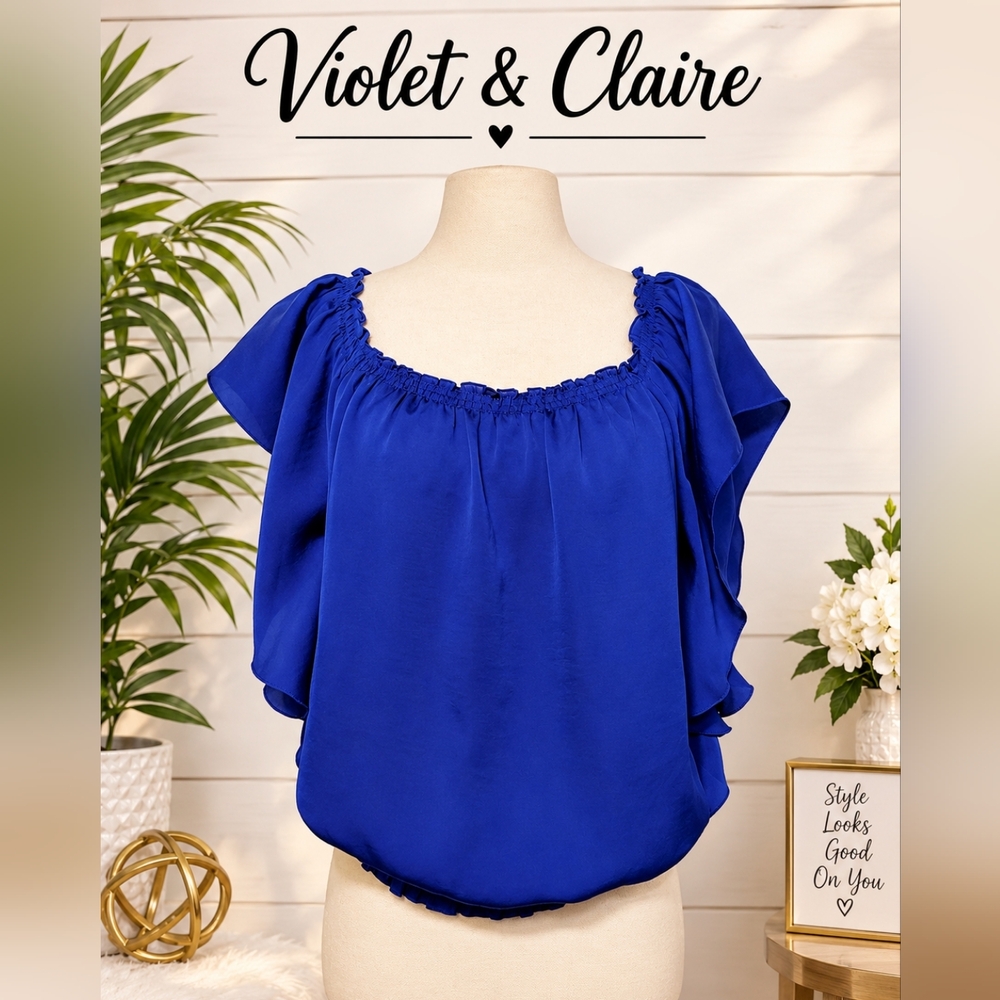 Violet & Claire Women Blouse M Top Off-Shoulder Dolman Sleeves Blue Ruffled Top
